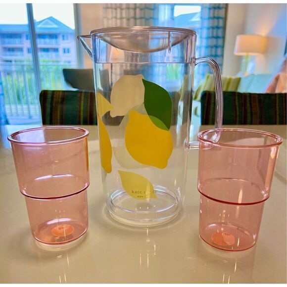 New Kate Spade Lemon Print Pitcher and Pink Cup Set NWOT - Picture 1 of 9